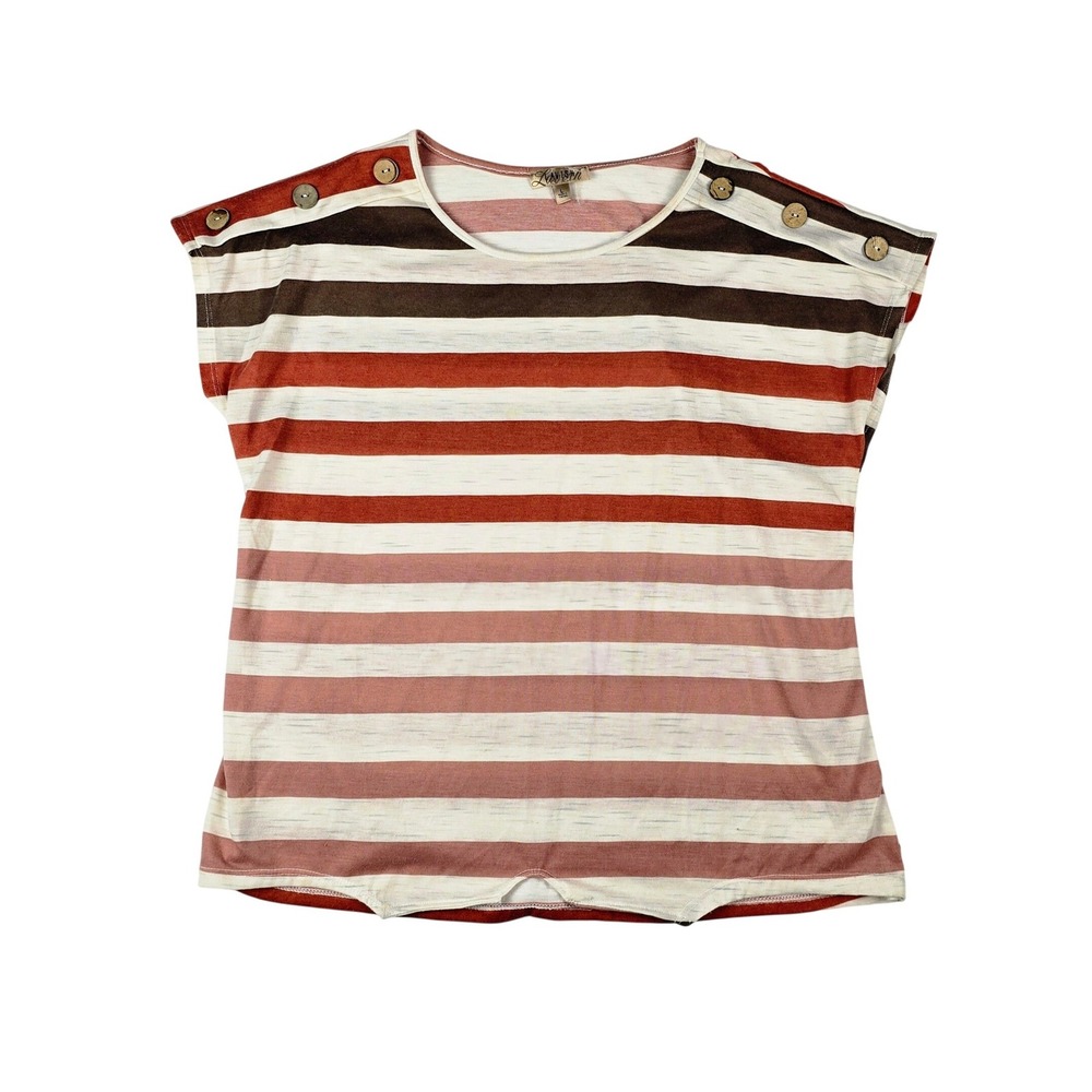 Lavish Striped Button Shoulder Knit Top Women L Brown Rust‎ Cream Short Sleeve